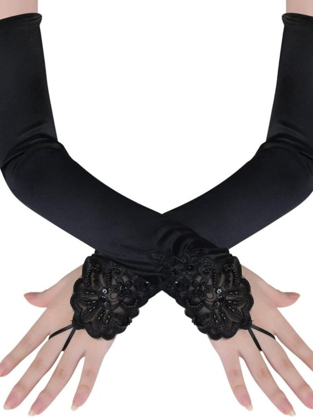 Women's Long Smooth Black Long Opera Party 20s Satin Glove Stretchy Elbow Length